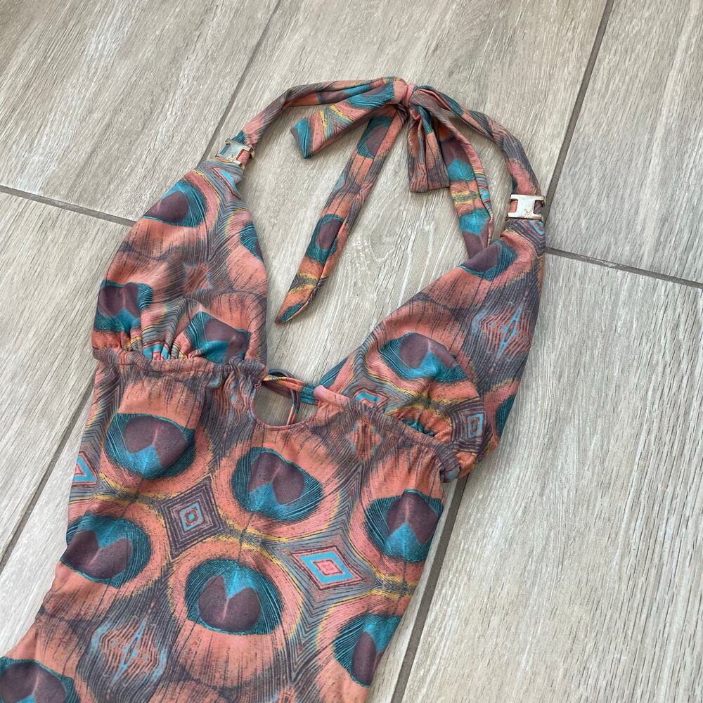 MAR by Vix Peacock Print Cutout Monokini Halter One Piece Swimsuit Large L - Picture 4 of 13
